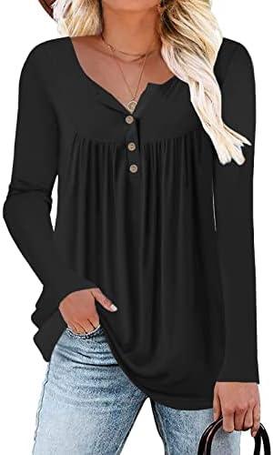 HAHIYOR Womens-Tops-Long-Sleeve Henley Shirts V Neck Blouses Buttons Up Tunics Flowy Pleated Blouses, Medium