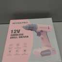 WORKPRO Pink Cordless Drill Driver Set, 12V Electric Power Drill Tool Kit with 6 Pcs Bits, 3/8-Inch Keyless Chuck, Variable Speed, 18 Touque Setting, Type-C Charge Cable, Led Light, Pink Ribbon