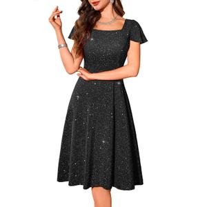 BeryLove Prom Dress for Teens: Sequin Formal Party Dress with Flutter Short Sleeves for Wedding & Cocktail Evening Events (Black, L)