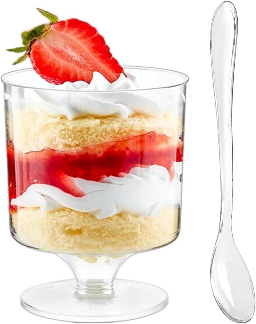 Zezzxu 5 oz Mini Dessert Cups with Spoons, 40 Pack Small Dessert Cups Plastic Footed Goblet Glasses for Serving Trifles, Appetizers, Puddings, Mousse, Parfait