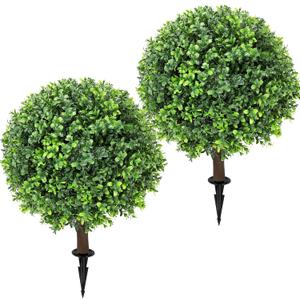 Artificial Boxwood Topiary Ball Tree 24" with Ground Spike, Set of 2 Artificial Boxwood Bushes for Faux Shrubs, Fake Evergreen Faux Plant for Indoor Outdoor Porch Garden- UV Resistant  Fade-Proof