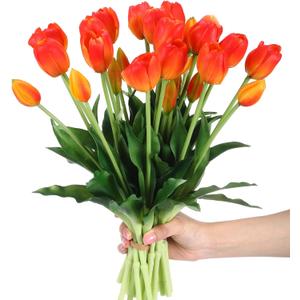 Riceshoot 6 Bunches Mother's Day Artificial Tulips Flowers 30 Pcs Faux Tulips Bouquets Arrangements Realistic Flowers for Office Wedding Party Kitchen Decoration(Sunset Color)