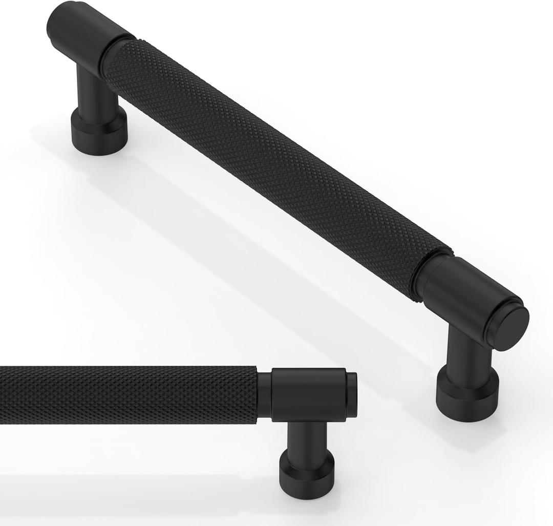 10 Pack Matte Black Knurled Cabinet Pulls 5 Inch(128mm) Kitchen Cabinet Handles Cabinet Hardware Drawer Pulls (5" Hole Center)