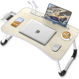 Zapuno Laptop Lap Desk, Foldable Laptop Table Tray with 4 USB Ports Storage Drawer and Cup Holder, Lap Bed Desk Notebook Stand Laptray Portable Standing Table for Bed Couch Floor (Maple)