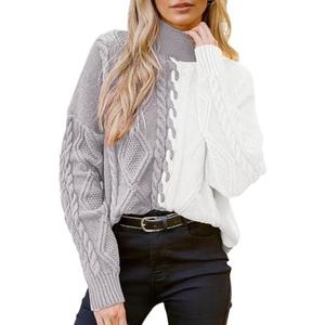 Pink Queen Women's Chunky Sweaters 2025 Fall Winter Long Sleeve Mock Neck Cable Knit Colorblock Pullover Jumper Tops, Size L