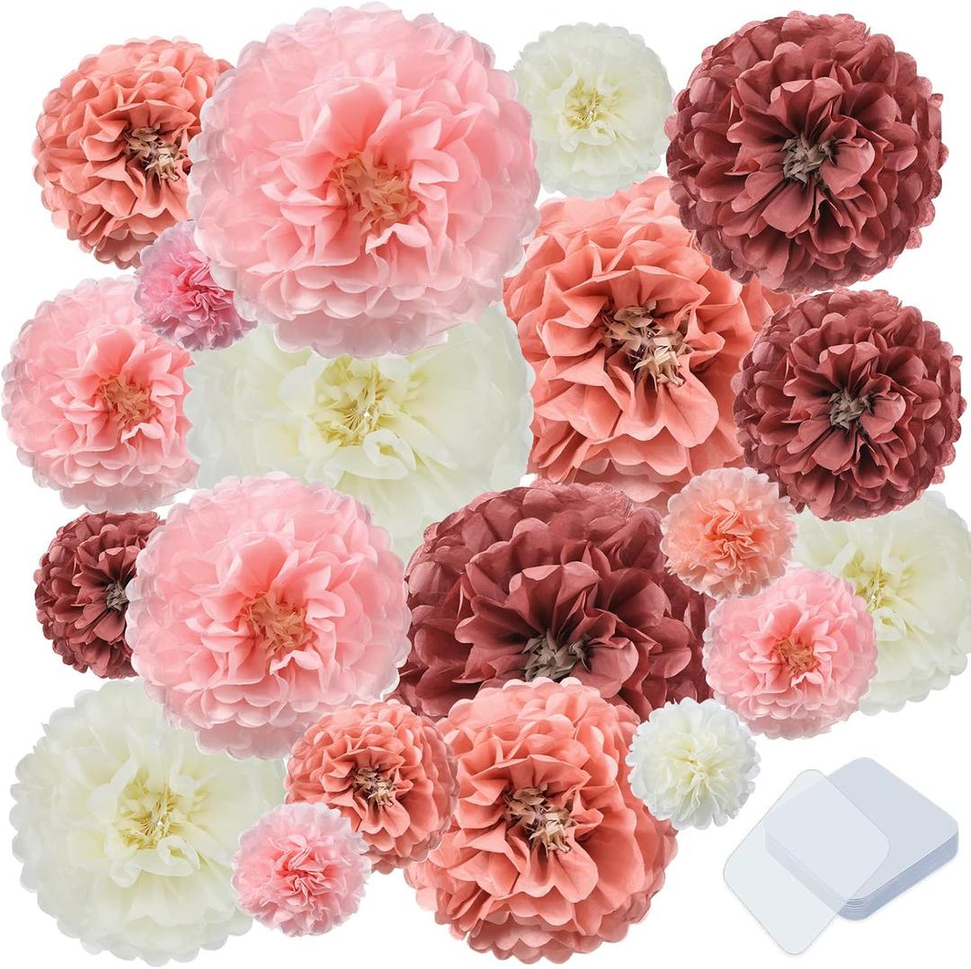 Hanaive 20 Pieces Tissue Paper Flowers Pom Poms Colorful Paper Flowers with Gel Pad Wall Decorations for Wedding Bridal Shower Backdrop Nursery Centerpiece Tea Party Supplies