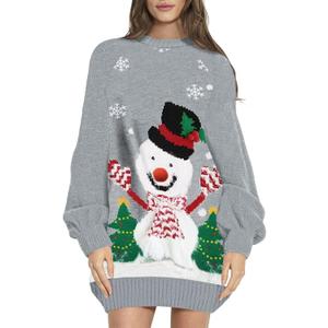 Sovoyontee Women's Cute Ugly Christmas Oversized Sweater Dress with Pockets, Tribal Pattern (Large, Gray-snowman)