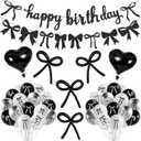 3 x 50 Pcs Black Bow Birthday Party Decorations Glitter Black Happy Birthday Banner Bow Garland Heart Balloons Girls Bow Themed Party Decor for Women Birthday Party Supplies
