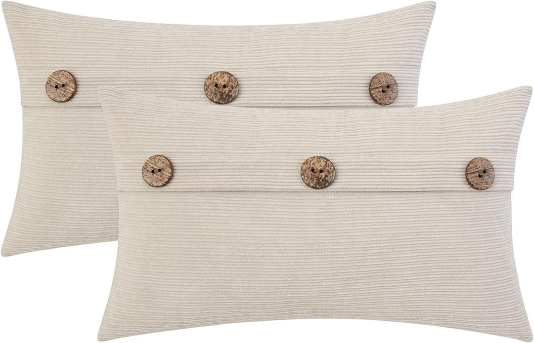 HWY 50 Beige Chenille Throw Pillow Covers 12x20 Inch with Triple Buttons, Soft Farmhouse Accent Decorative Cushion Cases for Couch Sofa Bed Living Room Pack of 2 Rectangle