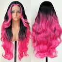 FABLLE Hot Pink stripe Lace Front Wig Synthetic Wig Black and Hot Pink Highlight Body Wave HD Lace Frontal Glueless Pre Plucked Bleached Knots Skunk Stripe 30 Inch