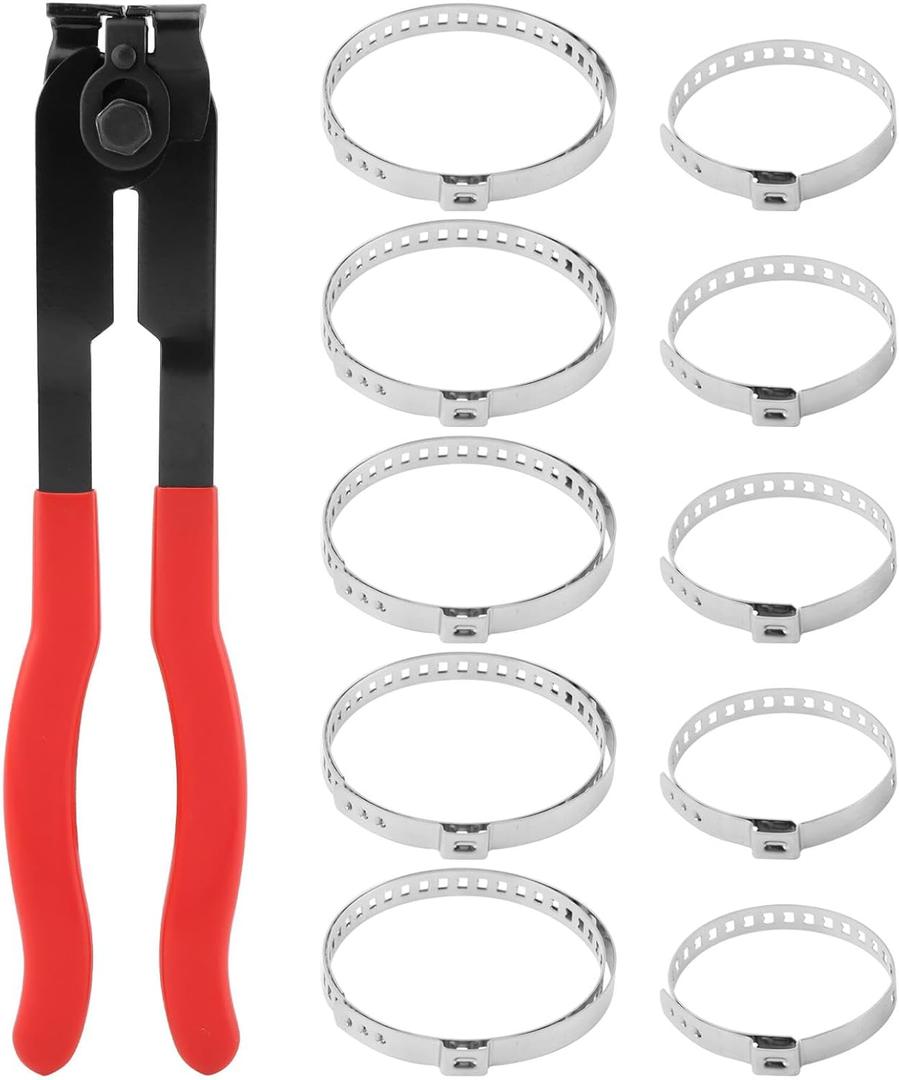 CV Boot Clamp Plier with 10PCS Stainless Steel Boot Clamps, Small and Large Stainless Steel Universal Adjustable Drive Shaft CV Crimp Clamp Collar Pliers for Most Cars