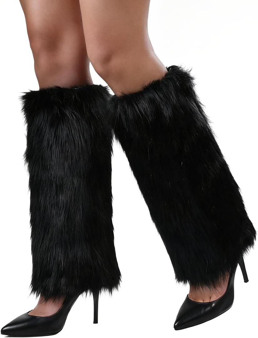 WMG Furry Faux Fur Leg Warmers For Women Fur Long Boot Covers Fluffy and Stretchy Leg Warmers For Christmas Cosplay (Black)