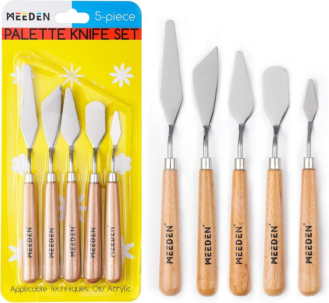 MEEDEN 5Pcs Palette Knife Set: Stainless Steel Painting Knives with Wood Handle - Pallet Knife Set for Oil Canvas Acrylic Painting Color Mixing