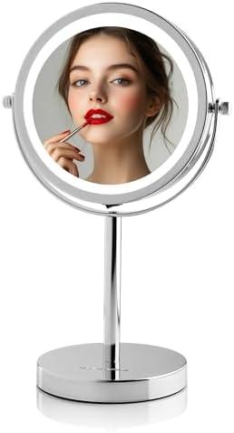OVENTE 6" Lighted Makeup Mirror with 1X/7X Magnification, Cordless Tabletop Mount Vanity Round Mirror with 360° Swivel Design and Double Sided Cool Tone LED Ring Light, Polished Chrome MLT60CH1X7X