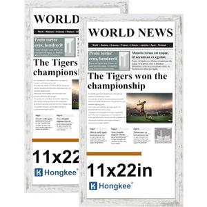 Hongkee 11x22 Newspaper Frame 2 Packs, Real Glass and Distressed White Wood Frame, Display Panoramic 11 x 22 Magazine Frames - Horizontal or Vertical Wall Mounting