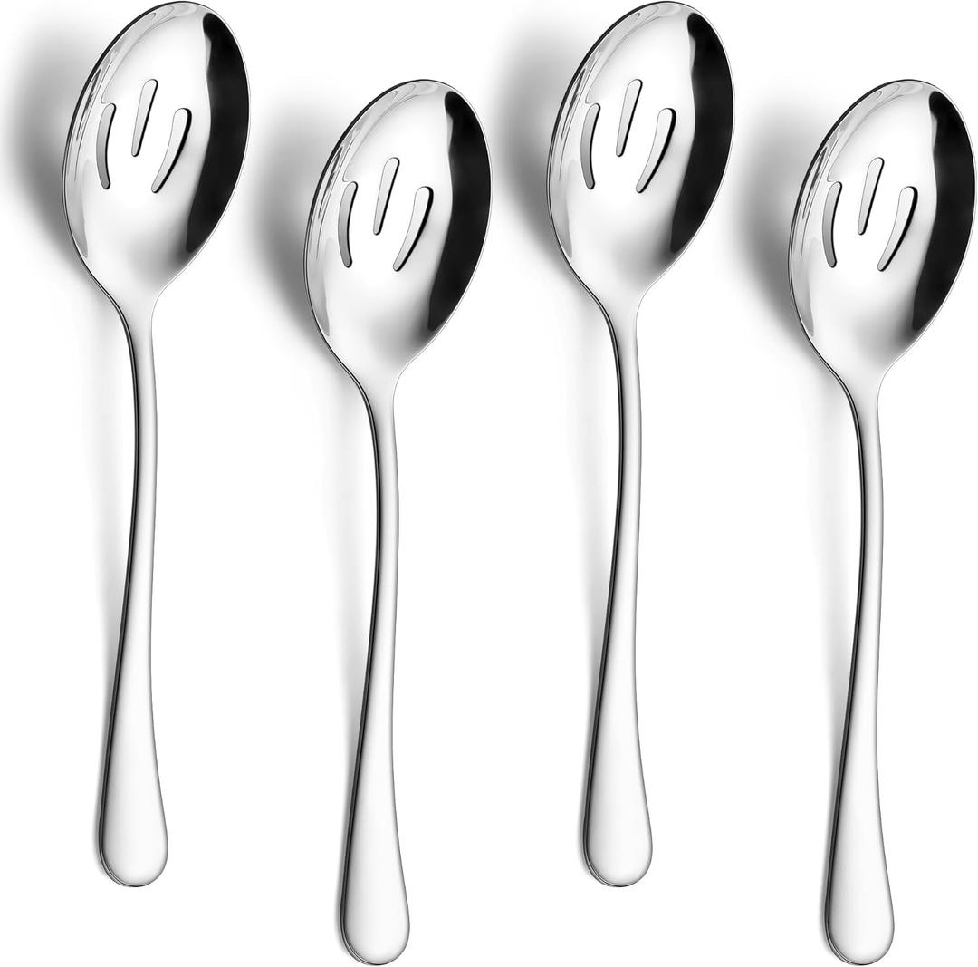 E-far Large Serving Slotted Spoons Set of 4, 9.8 Inch Stainless Steel Serving Utensils Set, Big Buffet Spoons for Party Catering Wedding Kitchen Restaurant, Dishwasher Safe