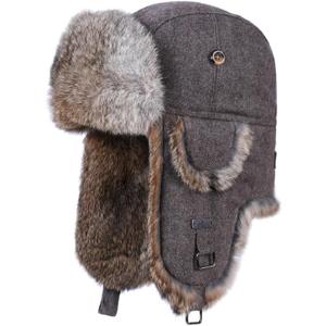 Fur Winter Trapper Hat,100% Rabbit Fur Aviator Ski Trapper Trooper Pilot Hat,Snow Eskimo Hat with Ear Flaps for Men & Women (Small-Medium, Brown)