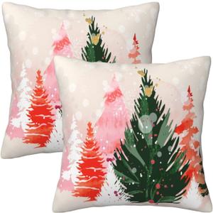 bassyil Christmas Tree Watercolor Throw Pillow Covers Decorative Linen Pillow Cases Set of 2 Square Cushion Cover for Couch Sofa Bedroom Patio 18x18 Inch