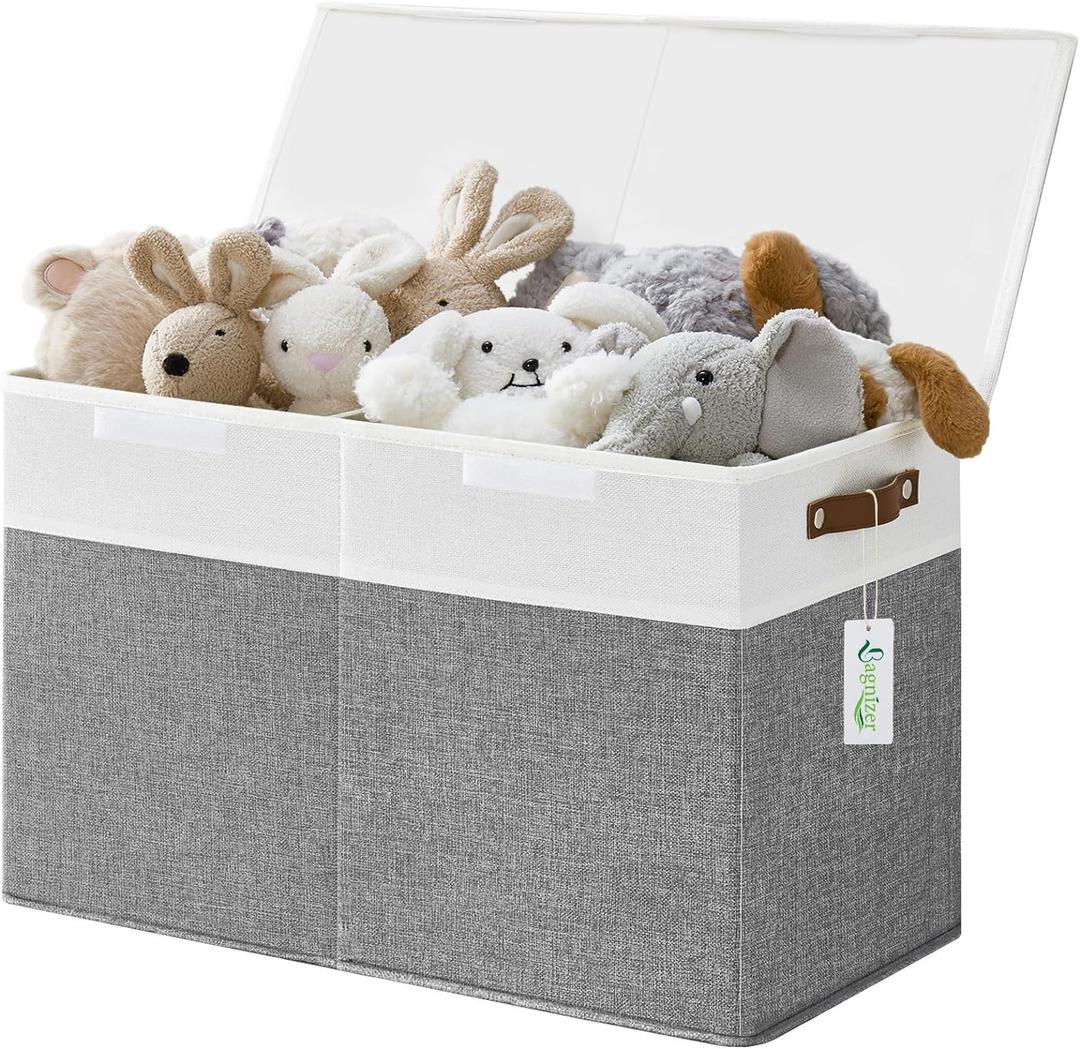 Large Toy Storage Box with Lids, Collapsible Sturdy Baby Storage Organizer Chest Bin Basket for Kids, Boys, Girls, Playroom, Nursery, Bedroom, Closet 25"x13"x16" (Gray and White)