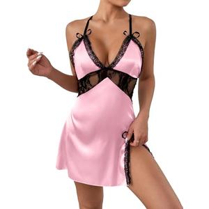LYANER Women's Satin Lace V Neck Chemise Lingerie Split Slit Babydoll Nightgown Nightdress Sleepwear Solid Pink Small