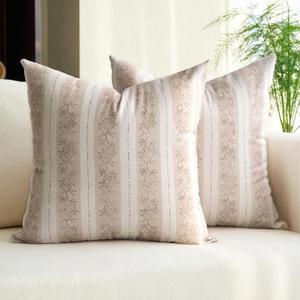 DOMVITUS Floral Pillow Covers 20x20 Inch Set of 2, Vintage Striped Block Print Decorative Throw Pillow Covers Neutral Farmhouse Boho Home Decor for Couch Sofa Bed Living Room, Cream White