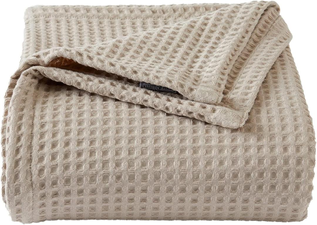 100% Cotton Waffle Weave Bed Blanket | Soft, Breathable, and Lightweight Blanket for All-Season | Perfect for Layering | Brielle Collection (Full/ Queen, Taupe)