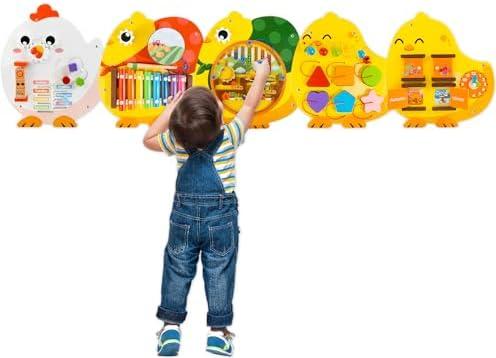 Chick Squad Activity Wall Busy Board Panels | 11-in-1 Wooden Sensory Wall Panel for Kids, Montessori Learning Activity Center | Perfect for Toddler Playroom Daycare Nursery Classroom Dentist Office, PACK OF 5