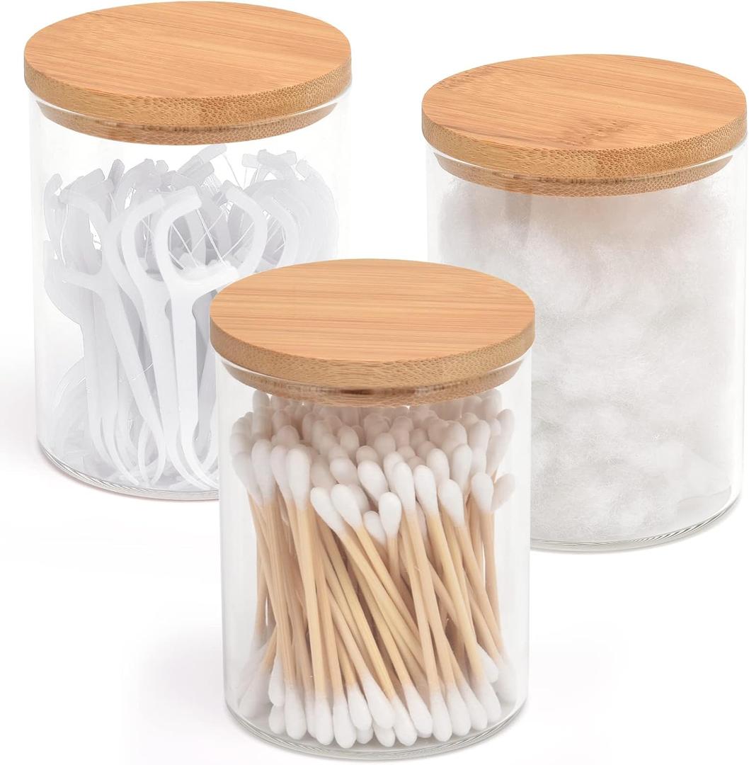 3 Pack Glass Qtip Holder Dispenser Set - Apothecary Jars with Lids for Vanity Makeup Organizer - Bathroom Canister Storage Organizer for Cotton Ball, Swab, Round Pads, Floss