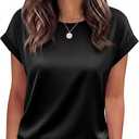BTFBM Summer Tops for Women 2026 Dressy Satin Blouses Loose Crew Neck Short Sleeve Shirts Work Business Casual Outfits (Black, M)