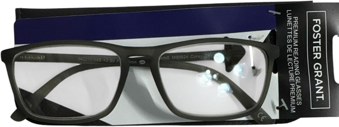 Foster Grant Premium Reading Glasses, Corey gray Rectangle Frame, Clear Lenses +2.50