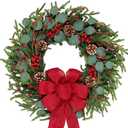 Artificial Christmas Wreath 24Inch Christmas Wreaths for Front Door Norfolk Pine Wreath with Eucalyptus Leaves Red Berries Pine Cones Red Bow for Wall Indoor Outdoor Winter Xmas Decoration