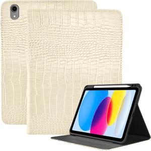 Premium Leather Compatible with iPad (A16) 11th Generation 11 Inch Case 2025,iPad 10th Generation 10.9 Inch Case 2022,Pencil Holder Crocodile Auto Sleep/Wake Cover Women Girls-Creamy White