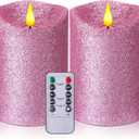 Retisee 2 Pcs Valentine's Day Glitter Flameless Candles, 3.5'' x 5'' Realistic Artificial Metallic Flame LED Candles Battery Operated Candle with Remote for Wedding, Birthday(Pink)