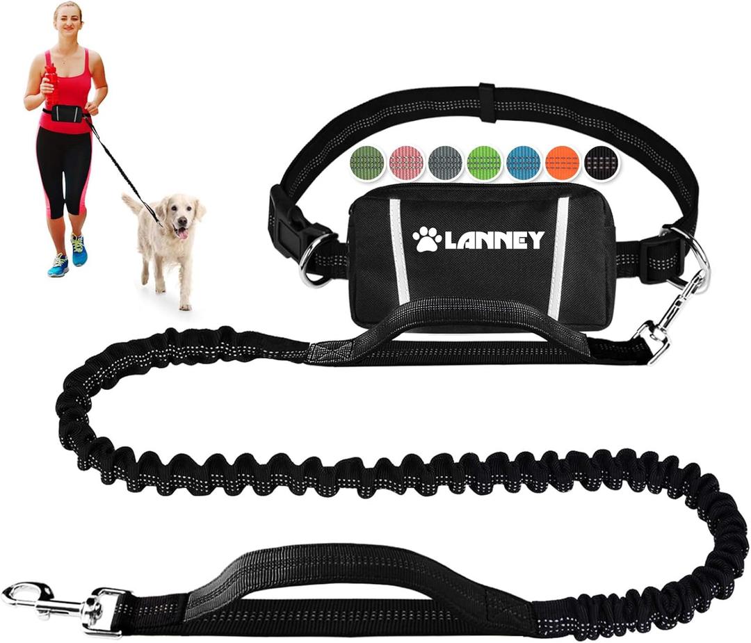 Hands Free Dog Leash, Waist Running Leash with Zipper, Walking Pouch for Medium Large Dogs, Dual Handle and Retractable Bungee for Training Jogging Hiking (Black/Black)