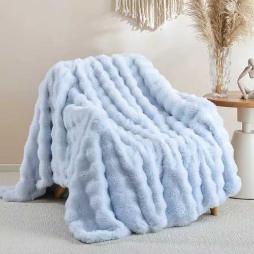 Smoofy Faux Fur Throw Blanket for Couch Rabbit Fleece - Light Blue Fluffy Blanket for Sofa Bedroom Living Room, Cozy Soft Plush Luxury Thick Winter Fuzzy Comfy Bubble Blanket - 50" x 60"