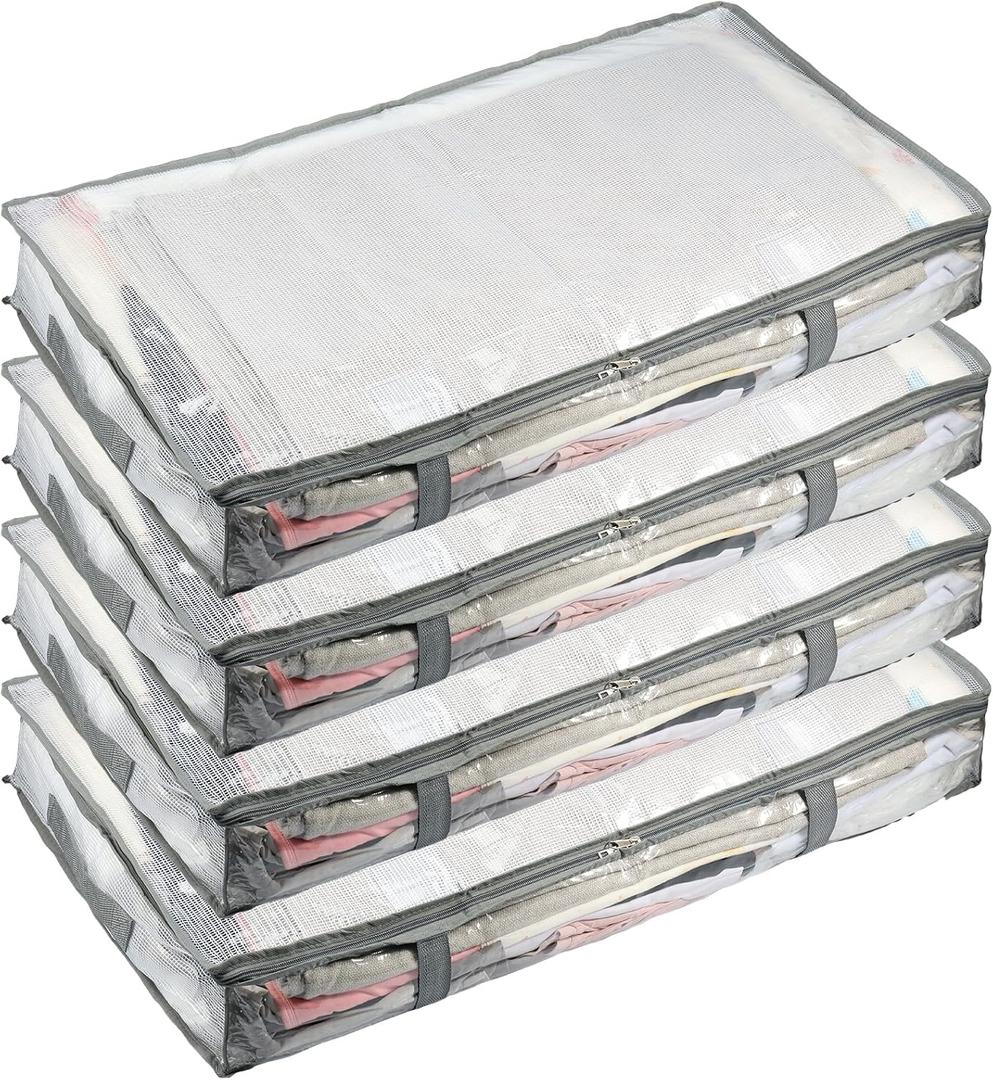 4PCS Under Bed Storage Containers Bins, Humid-Proof Plastic Underbed Storage Bins, Under Bed Fabric Zipper Storage Container Bags with Window and Handles for Clothing, Bedding, Comforter