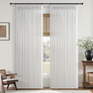 Beige White Pinch Pleat Viral Curtains 102 Inches Long for Dining Room, Memory Trained Pleated Semi Sheer Light Filtering Privacy Boho Curtain & Drapes with Ceiling Track System W50 x L102 x 2 Panels
