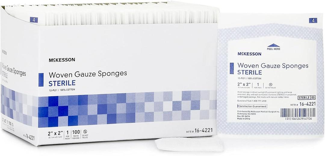 McKesson Woven Gauze Sponges, Sterile, 12-Ply, 100% Cotton, 2 in x 2 in, 100 per Pack, 1 Pack
