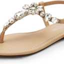 DREAM PAIRS Flat Sandals for Women Dressy Rhinestone T-Strap Thong Flat Sandals for Summers Dress Beach (9, Nude)
