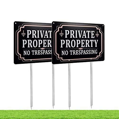 Kichwit 2 Pack Private Property No Trespassing Sign, Aluminum, 12" x 8", 14" Metal Stakes Included