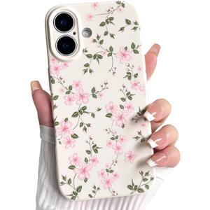 NITITOP Compatible with iPhone 16 Plus Case Cute Flowers Floral Plant Leaves Pattern for Women Girls Trendy Slim Fit Soft TPU Bumper Silicone Shockproof Full Camera Protective Cover - Pink