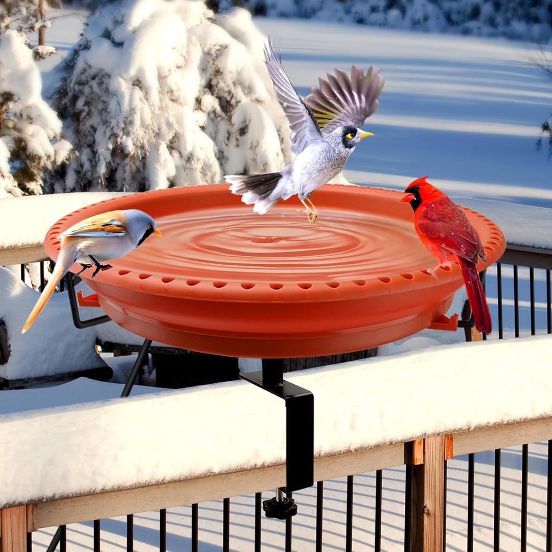 Daoeny Heated Bird Baths for Outdoors, Upgraded 100W Thermostatically Controlled Heated Bird Bath for Deck Railing, Heated Bird Bath for Outside Winter Garden Yard Patio Decor (Terracotta)