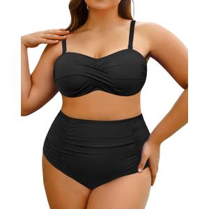 Yonique Women Plus Size Two Piece Swimsuits High Waisted Bathing Suits Bandeau Bikini Tummy Control Swimwear Anti-Slip Strip Black 18W