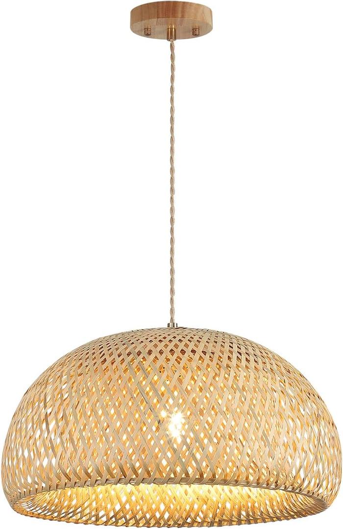 Bamboo Large Pendant Light Fixture 17.8 inch One-Light Adjustable Rustic Basket Handmade Woven Pendant Lighting for Kitchen Island Farmhouse Dining Room Living Room