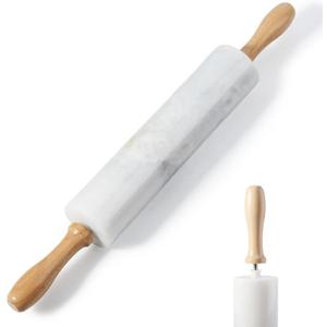 Koville White Marble Rolling Pin With Wooden Handles & Wood Cradle, 18 Inch Polished Marble Rolling Pins For Making Pizza Dough, Dough Roller For Pie Crust, Cookie, Pasta, Ergonomic Handles (Namib Fantasy White)