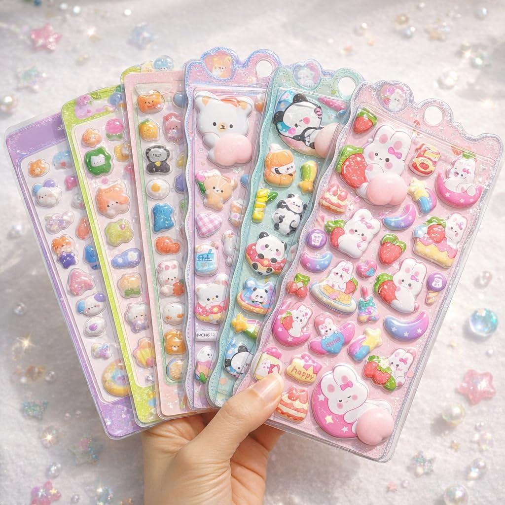 Mini 3D Puffy Stickers, 230+ Kawaii Cute Stickers (6 Sheets, 2 Styles), Soft Raised Bubble Stickers for Phone Case, Journals, Planners, Scrapbooking, DIY Decor