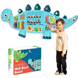 Dinosaur Wall Busy Board with 12 Activities - Wall Toys for Toddlers 2,3,4,5 - Sensory Panel Wooden - Montessori Busy Board Learning Activity Center for Playroom and Classroom (Blue)