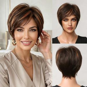 Lightweight Glueless Pixie Cut Wig Short Straight Brown Highlights Real Human Hair for Women Daily Party Use (Brown Highlights,6inch)