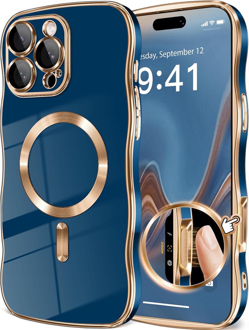 GVIEWIN for iPhone 16 Pro Max Case Compatible with MagSafe, Upgraded [Full Camera Protection][Cute Wave Frame][Military Grade Protection] Electroplated Soft Phone Cover for Women Girl, Blue