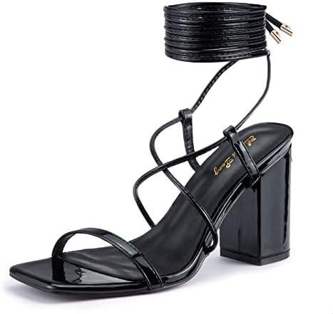 Elisabet Tang Women's Strappy Chunky Heels Sandals, 3 inch Low Block Heels Lace Up Ankle Wrap Heels Square Open Toe Tie Up Heeled Sandals Shoes, Size 8